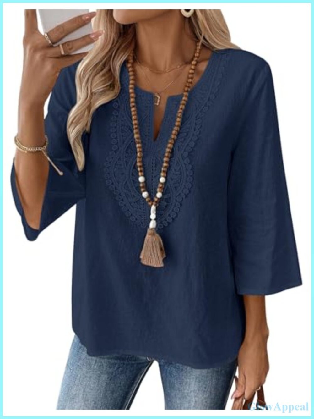 Womens 3/4 Sleeve Linen Cotton Tunic Top V-Neck Loose Fit
